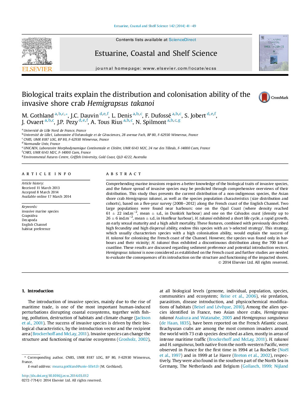 Biological traits explain the distribution and colonisation ability of the invasive shore crab Hemigrapsus takanoi