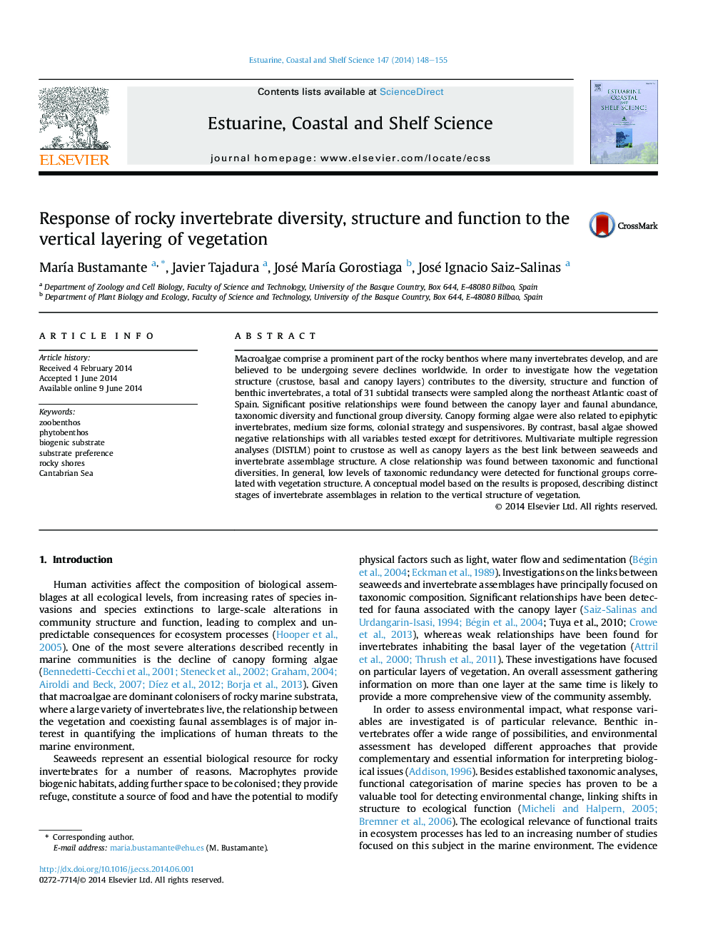 Response of rocky invertebrate diversity, structure and function to the vertical layering of vegetation