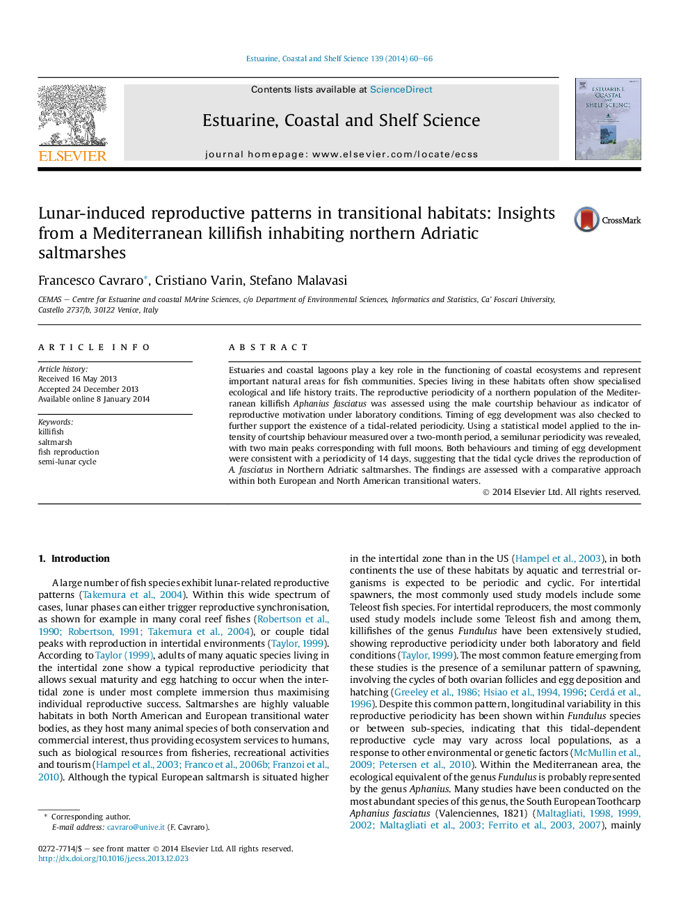 Lunar-induced reproductive patterns in transitional habitats: Insights from a Mediterranean killifish inhabiting northern Adriatic saltmarshes