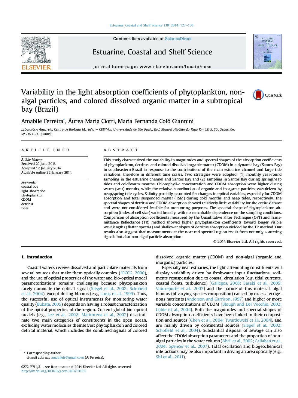 Variability in the light absorption coefficients of phytoplankton, non-algal particles, and colored dissolved organic matter in a subtropical bay (Brazil)