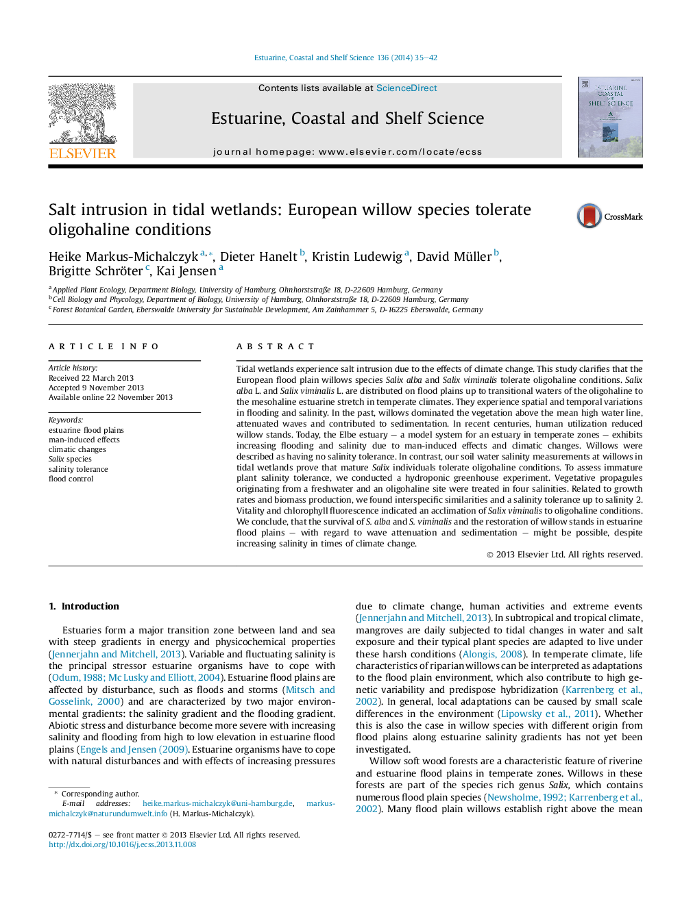 Salt intrusion in tidal wetlands: European willow species tolerate oligohaline conditions