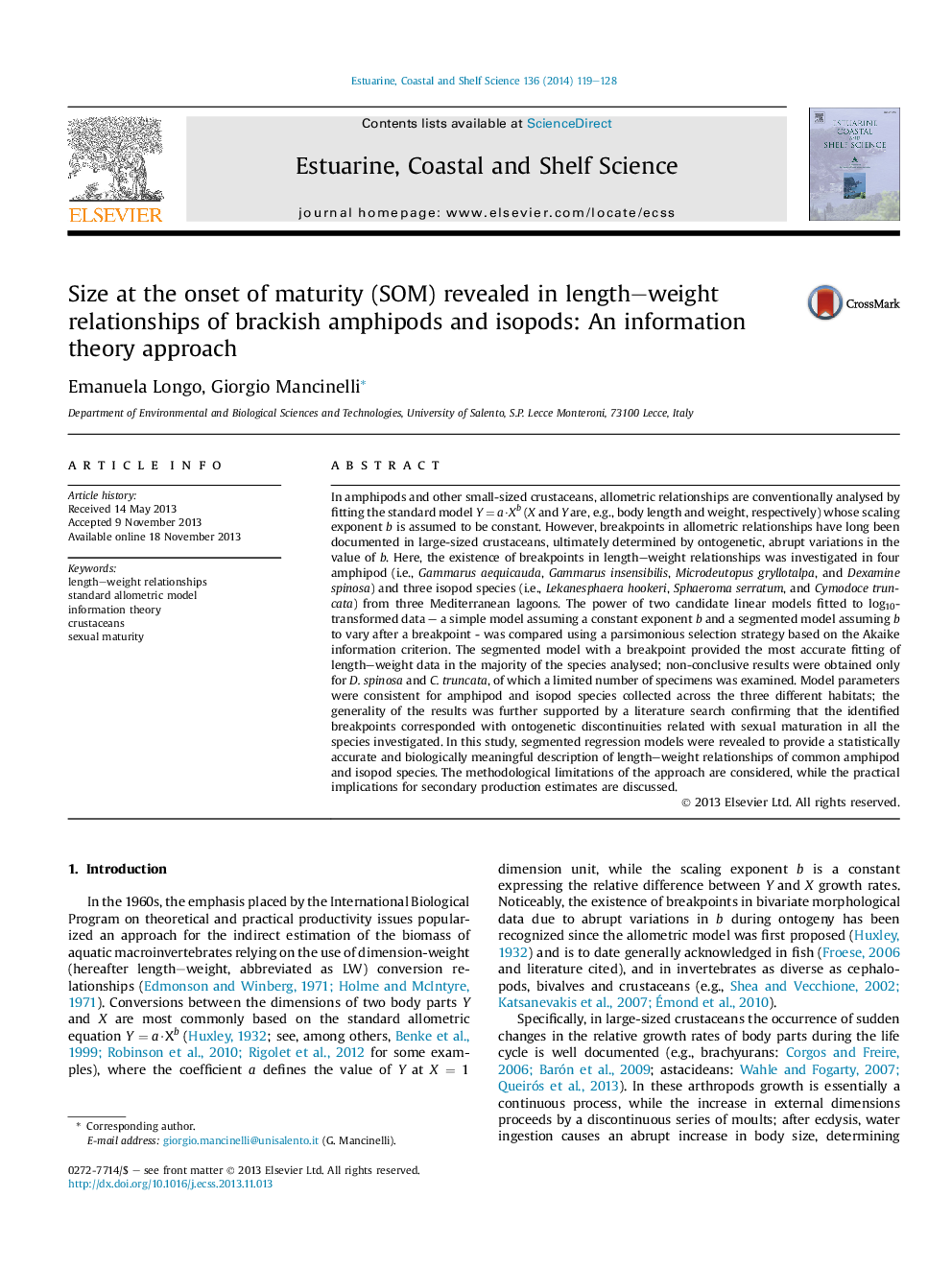 Size at the onset of maturity (SOM) revealed in length-weight relationships of brackish amphipods and isopods: An information theory approach