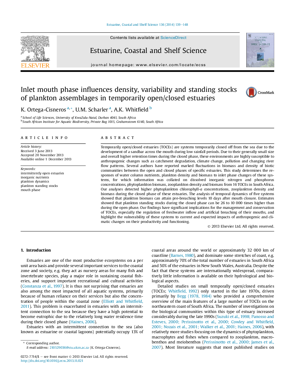 Inlet mouth phase influences density, variability and standing stocks of plankton assemblages in temporarily open/closed estuaries