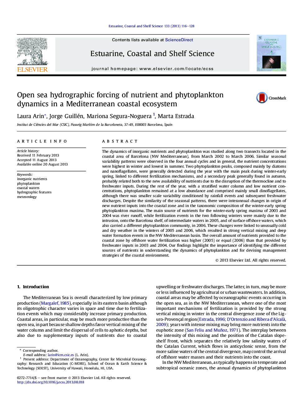 Open sea hydrographic forcing of nutrient and phytoplankton dynamics in a Mediterranean coastal ecosystem