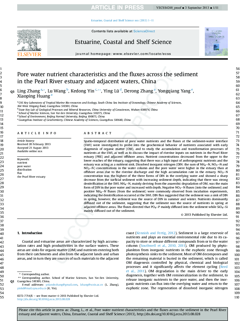 Pore water nutrient characteristics and the fluxes across the sediment in the Pearl River estuary and adjacent waters, China