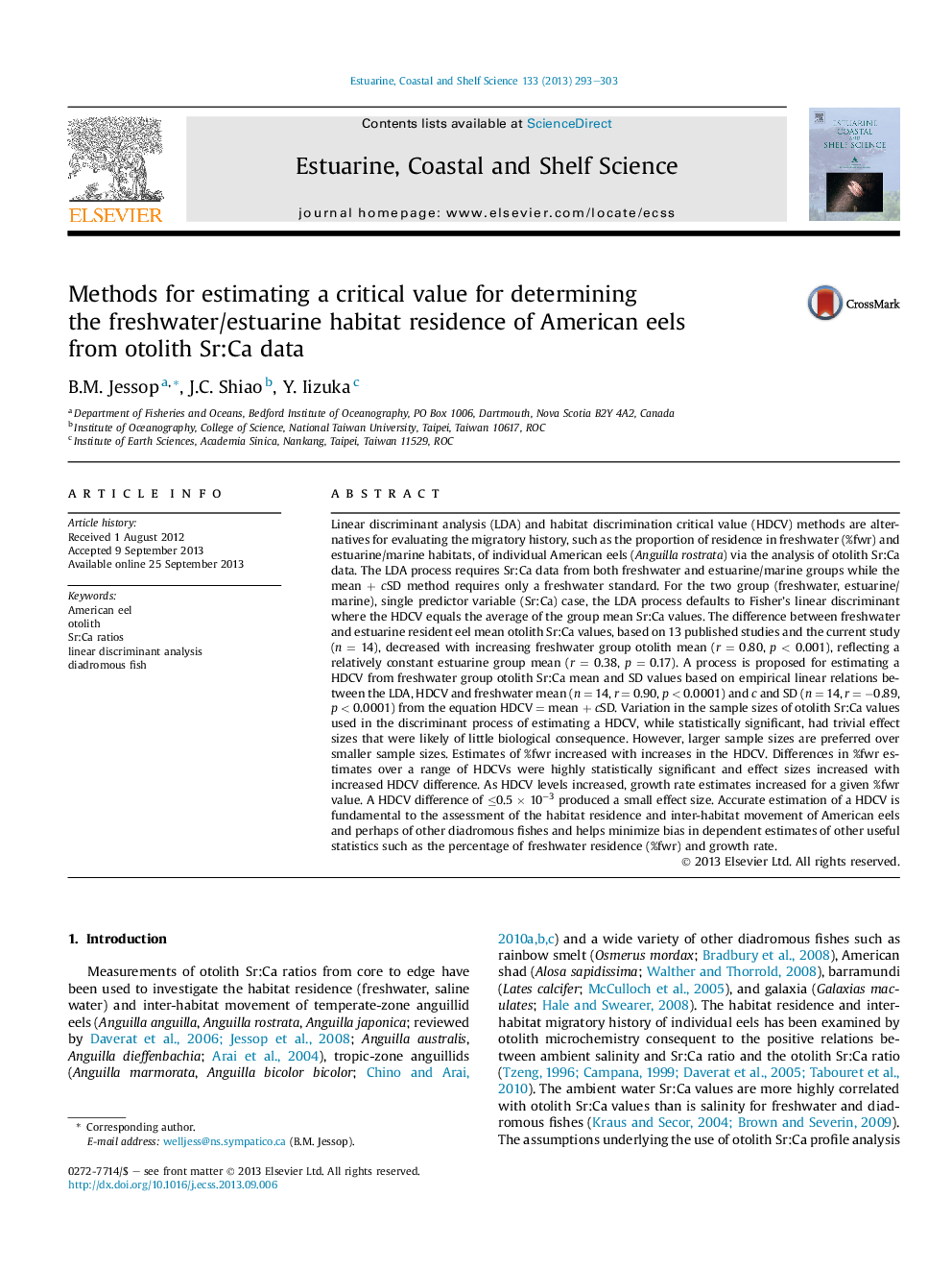 Methods for estimating a critical value for determining the freshwater/estuarine habitat residence of American eels from otolith Sr:Ca data