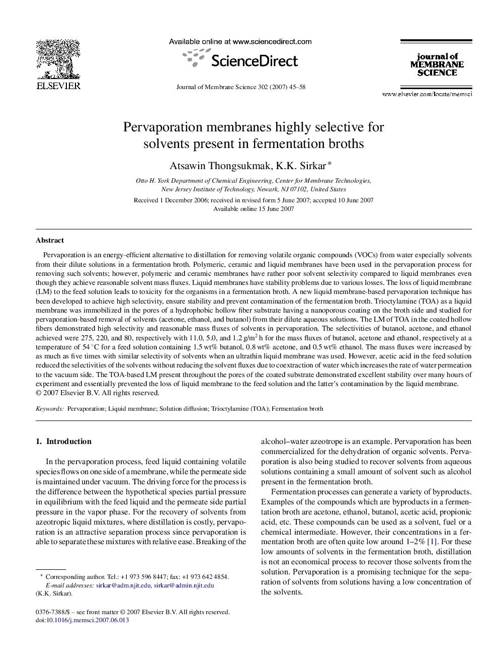 Pervaporation membranes highly selective for solvents present in fermentation broths