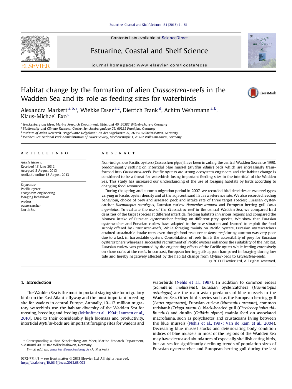 Habitat change by the formation of alien Crassostrea-reefs in the Wadden Sea and its role as feeding sites for waterbirds