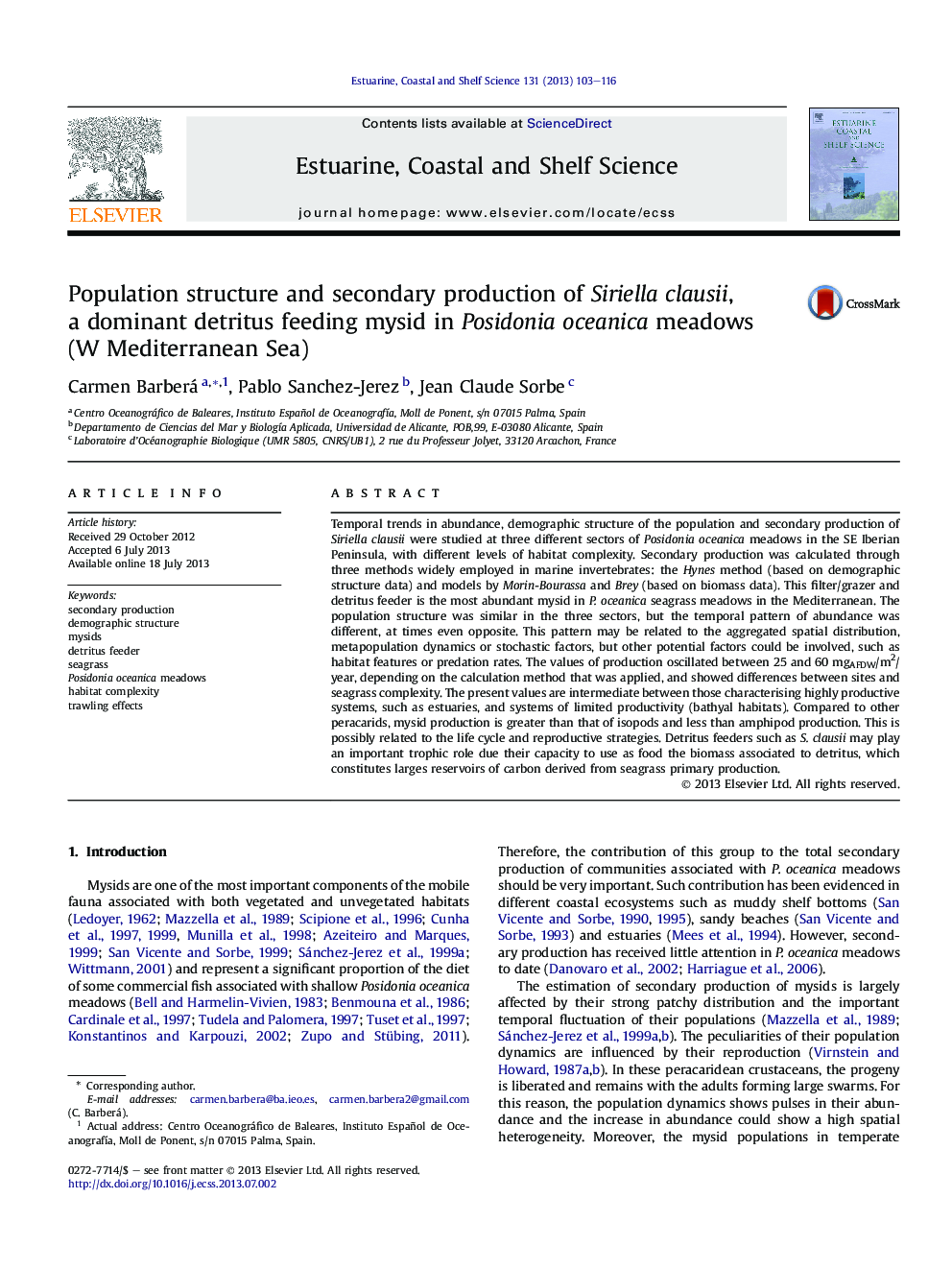 Population structure and secondary production of Siriella clausii, a dominant detritus feeding mysid in Posidonia oceanica meadows (W Mediterranean Sea)