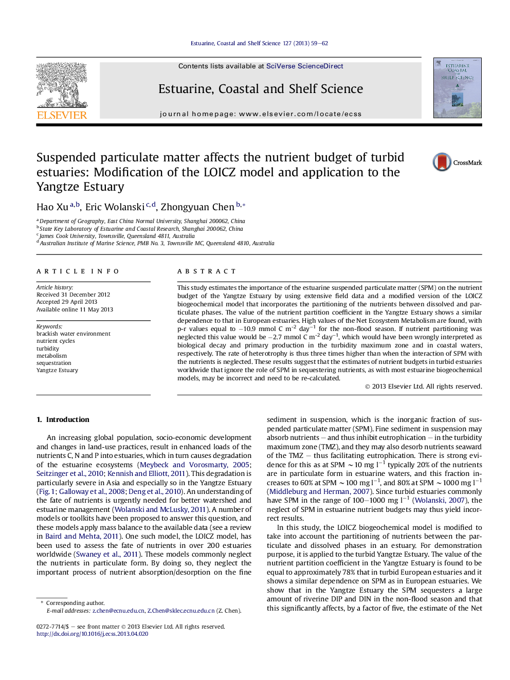 Suspended particulate matter affects the nutrient budget of turbid estuaries: Modification of the LOICZ model and application to the Yangtze Estuary