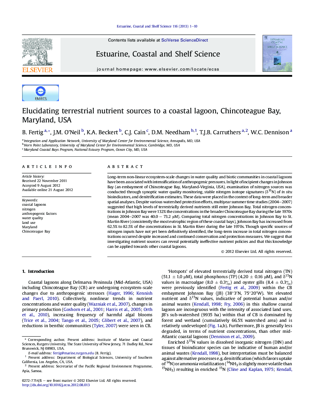 Elucidating terrestrial nutrient sources to a coastal lagoon, Chincoteague Bay, Maryland, USA