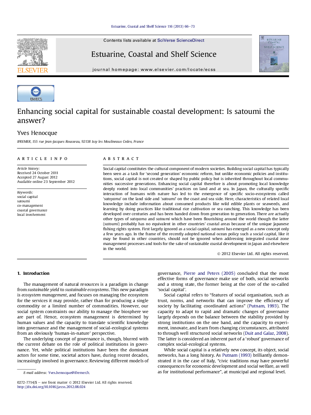 Enhancing social capital for sustainable coastal development: Is satoumi the answer?