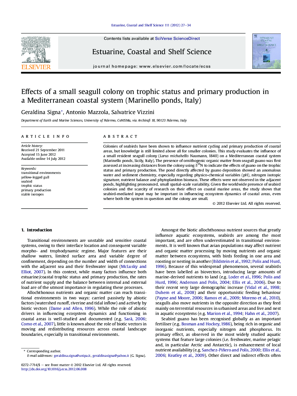 Effects of a small seagull colony on trophic status and primary production in a Mediterranean coastal system (Marinello ponds, Italy)