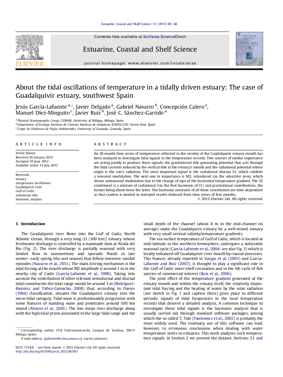 About the tidal oscillations of temperature in a tidally driven estuary: The case of Guadalquivir estuary, southwest Spain