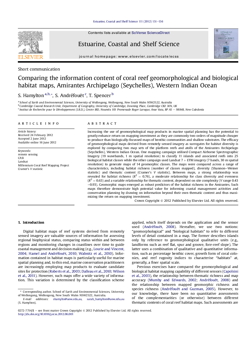 Comparing the information content of coral reef geomorphological and biological habitat maps, Amirantes Archipelago (Seychelles), Western Indian Ocean