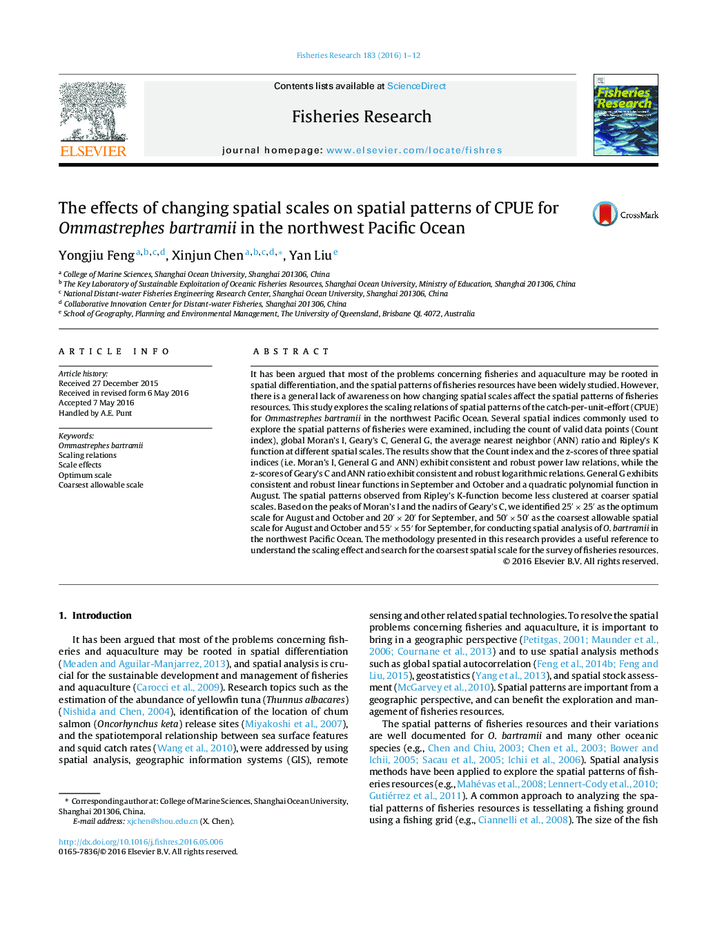 The effects of changing spatial scales on spatial patterns of CPUE for Ommastrephes bartramii in the northwest Pacific Ocean