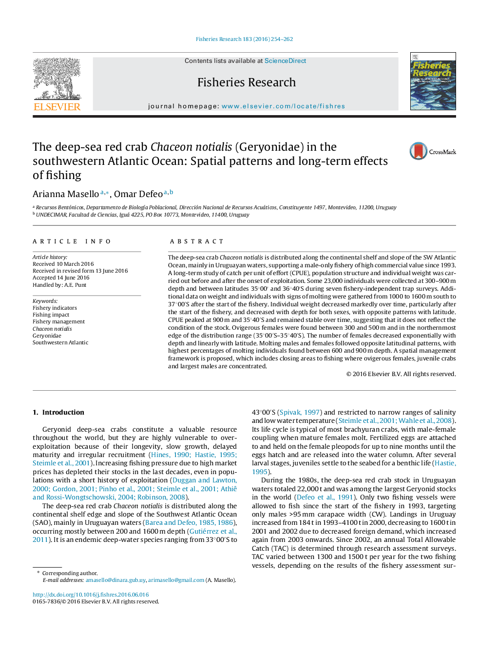 The deep-sea red crab Chaceon notialis (Geryonidae) in the southwestern Atlantic Ocean: Spatial patterns and long-term effects of fishing