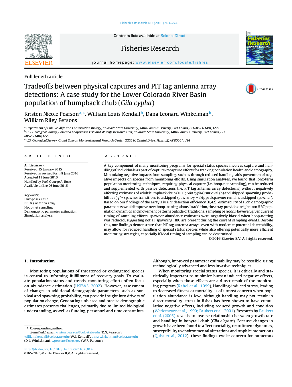 Tradeoffs between physical captures and PIT tag antenna array detections: A case study for the Lower Colorado River Basin population of humpback chub (Gila cypha)