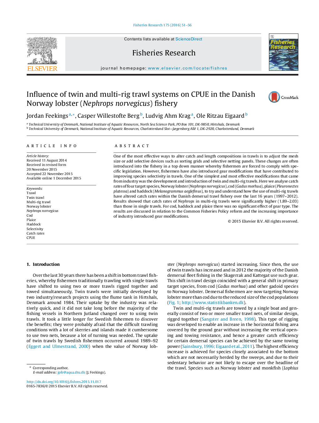 Influence of twin and multi-rig trawl systems on CPUE in the Danish Norway lobster (Nephrops norvegicus) fishery