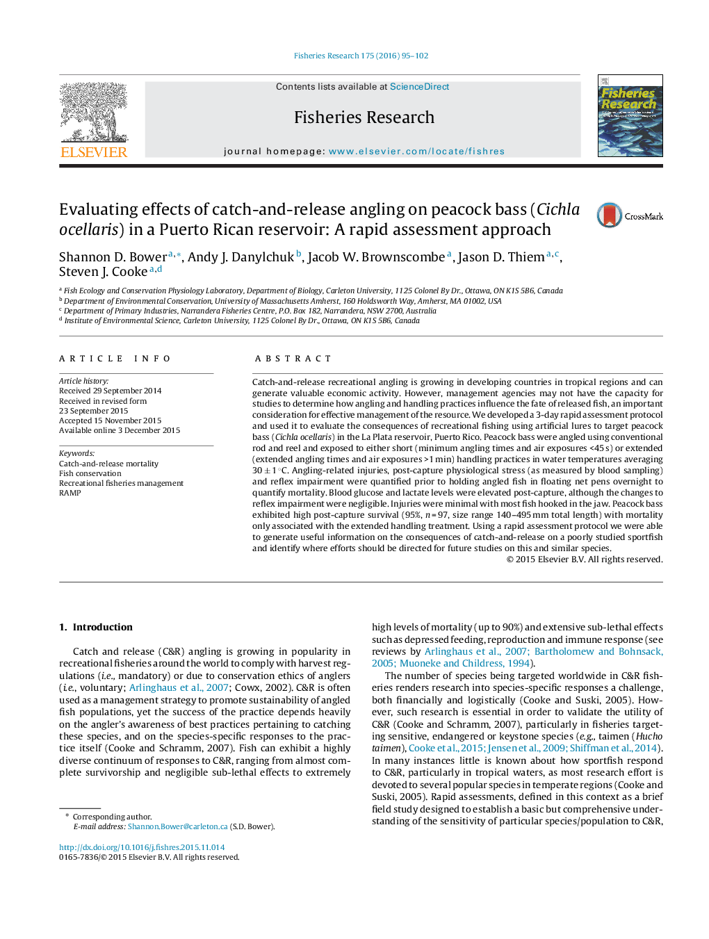 Evaluating effects of catch-and-release angling on peacock bass (Cichla ocellaris) in a Puerto Rican reservoir: A rapid assessment approach