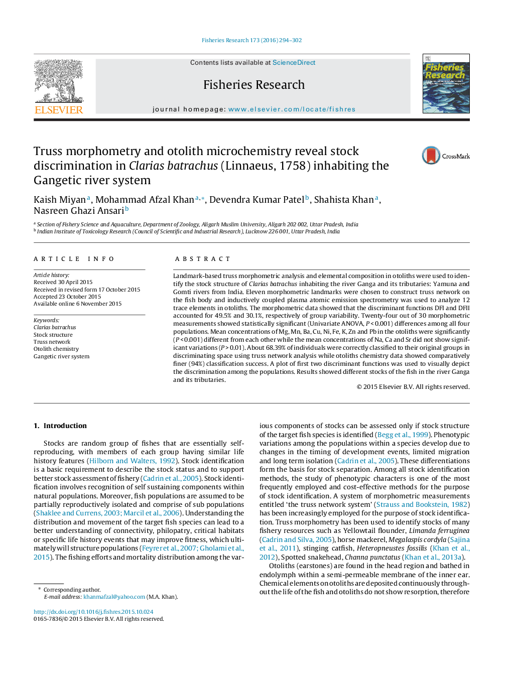 Truss morphometry and otolith microchemistry reveal stock discrimination in Clarias batrachus (Linnaeus, 1758) inhabiting the Gangetic river system