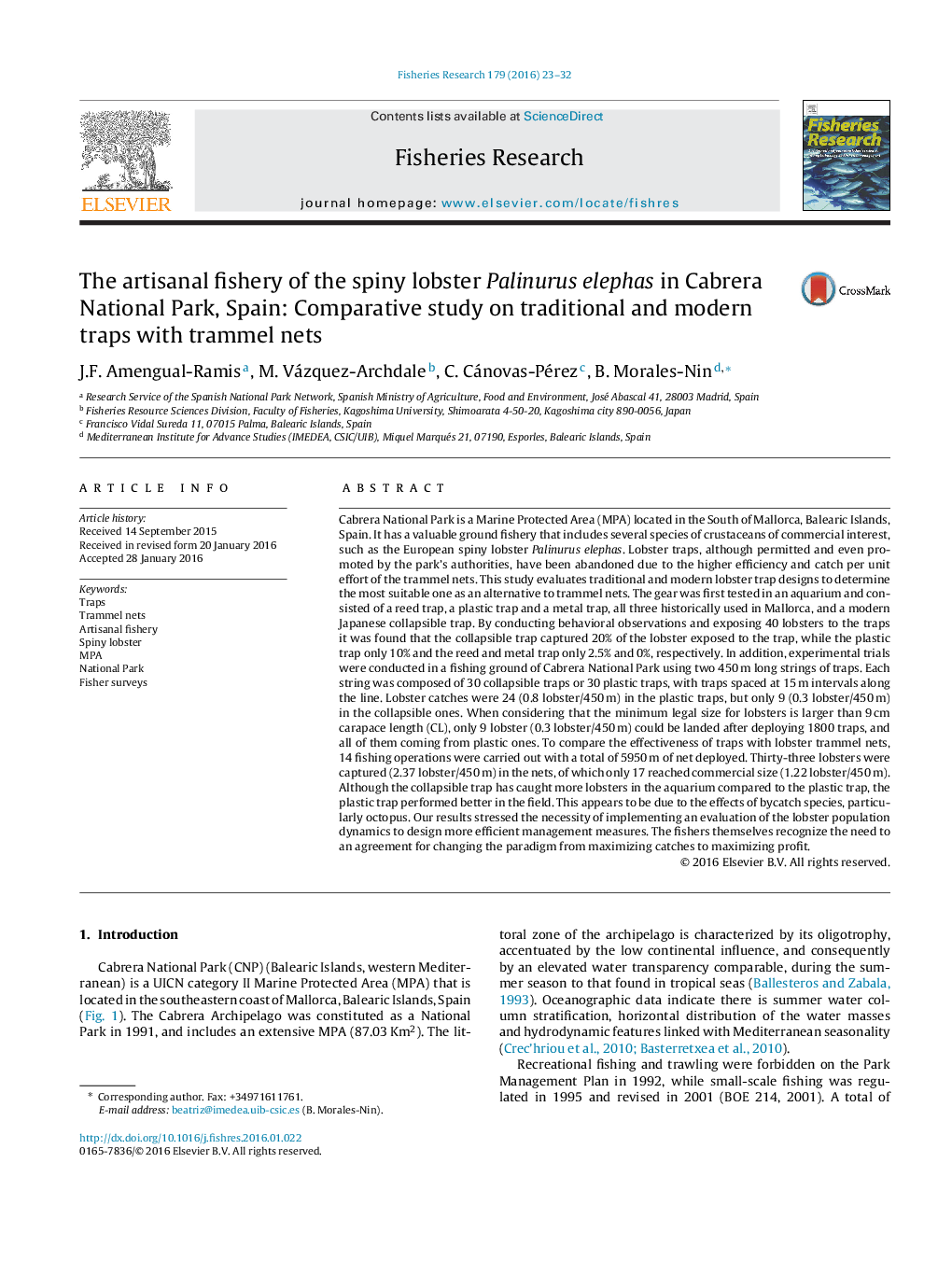 The artisanal fishery of the spiny lobster Palinurus elephas in Cabrera National Park, Spain: Comparative study on traditional and modern traps with trammel nets