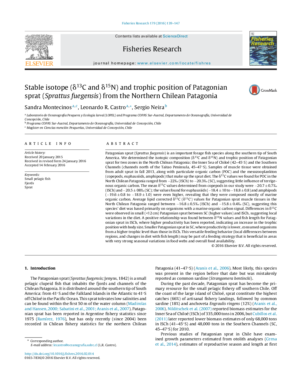 Stable isotope (Î´13C and Î´15N) and trophic position of Patagonian sprat (Sprattus fuegensis) from the Northern Chilean Patagonia