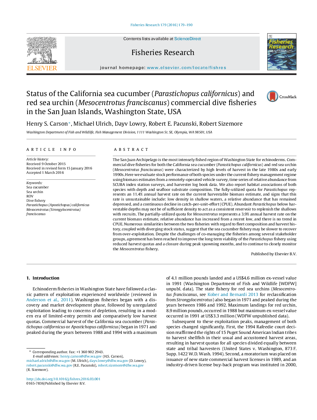 Status of the California sea cucumber (Parastichopus californicus) and red sea urchin (Mesocentrotus franciscanus) commercial dive fisheries in the San Juan Islands, Washington State, USA