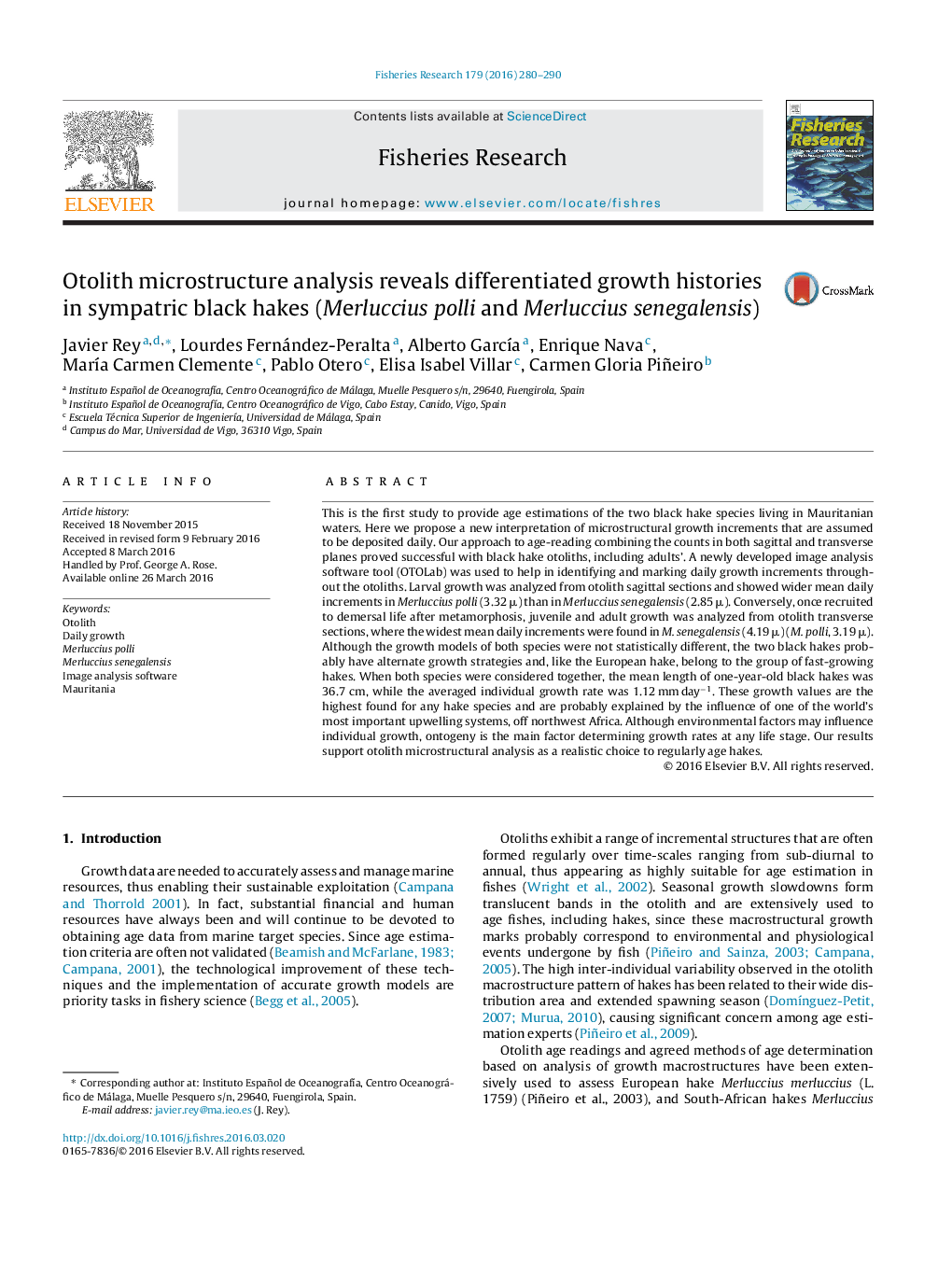 Otolith microstructure analysis reveals differentiated growth histories in sympatric black hakes (Merluccius polli and Merluccius senegalensis)