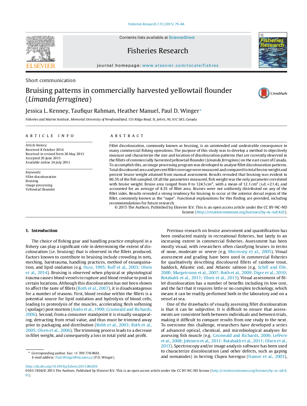 Short communicationBruising patterns in commercially harvested yellowtail flounder (Limanda ferruginea)