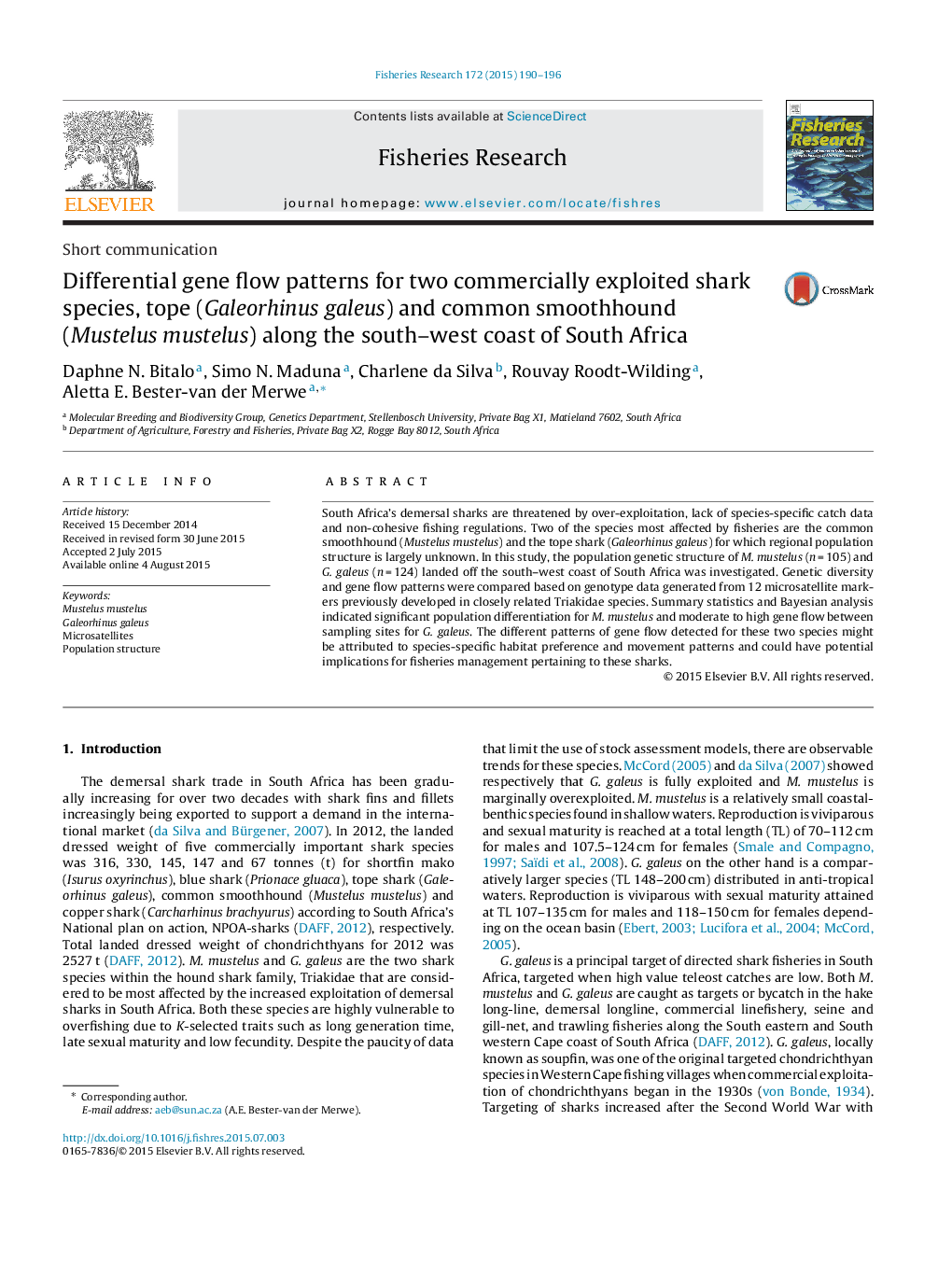 Short communicationDifferential gene flow patterns for two commercially exploited shark species, tope (Galeorhinus galeus) and common smoothhound (Mustelus mustelus) along the south-west coast of South Africa