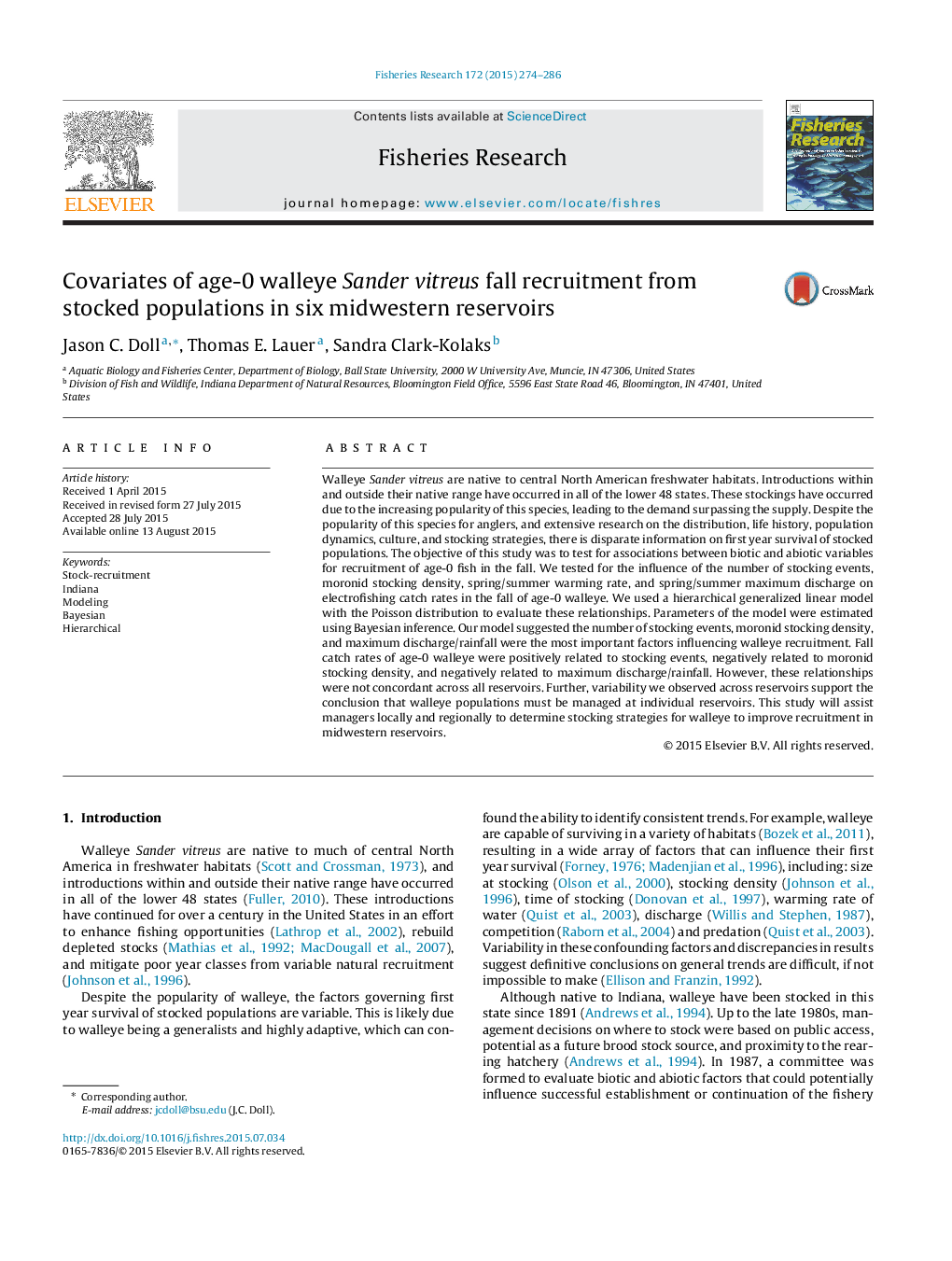 Covariates of age-0 walleye Sander vitreus fall recruitment from stocked populations in six midwestern reservoirs