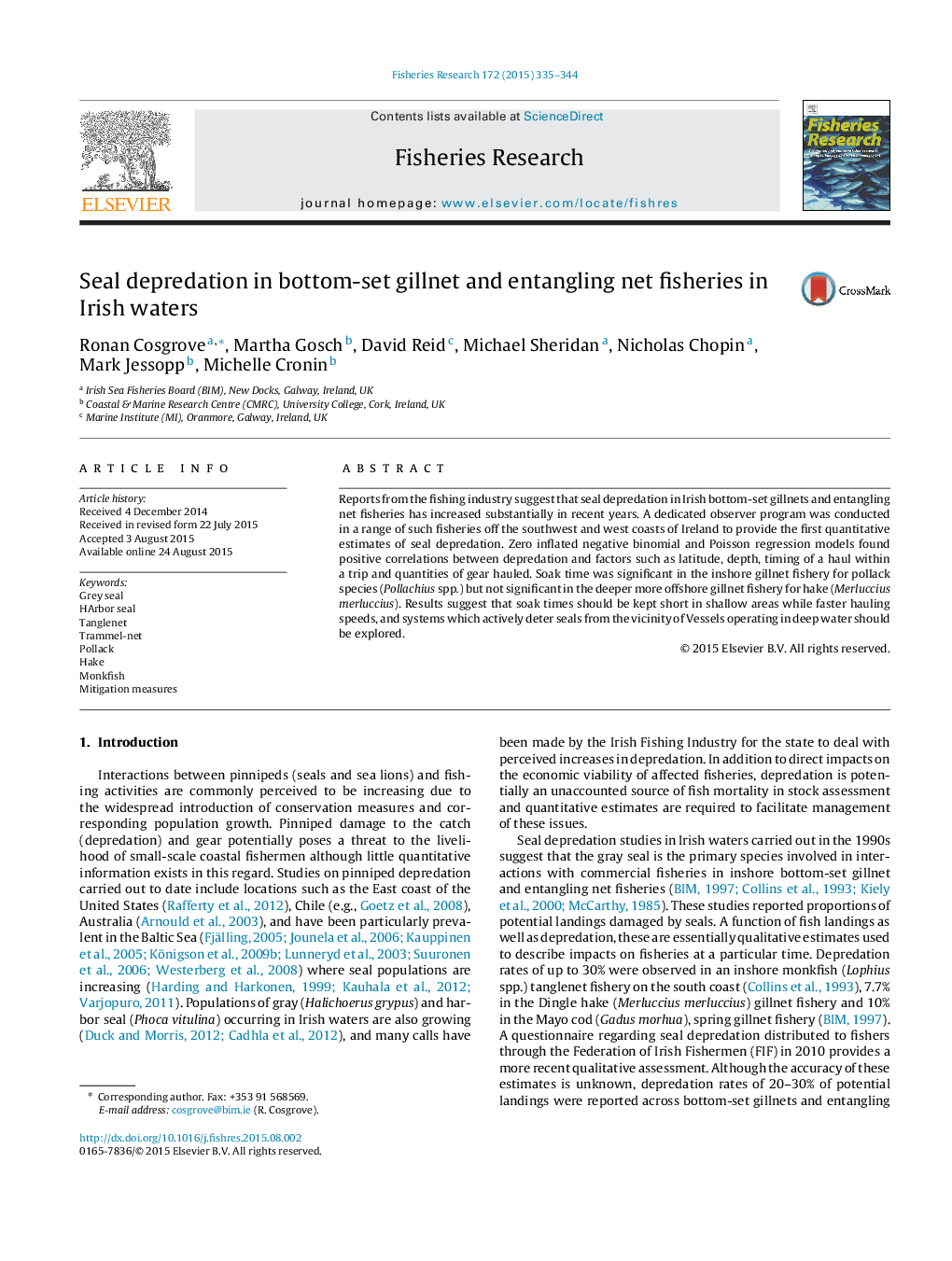 Seal depredation in bottom-set gillnet and entangling net fisheries in Irish waters