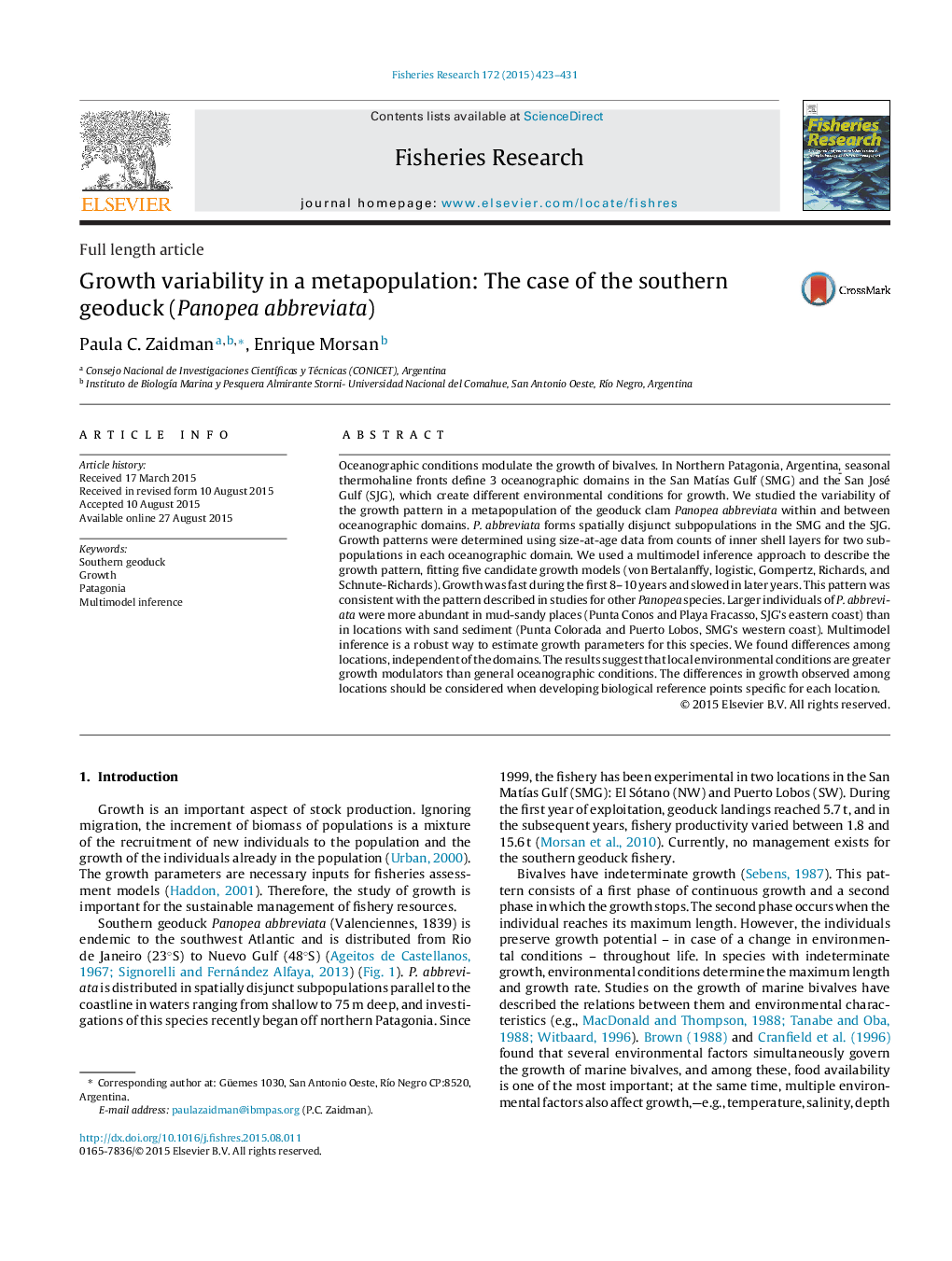 Growth variability in a metapopulation: The case of the southern geoduck (Panopea abbreviata)