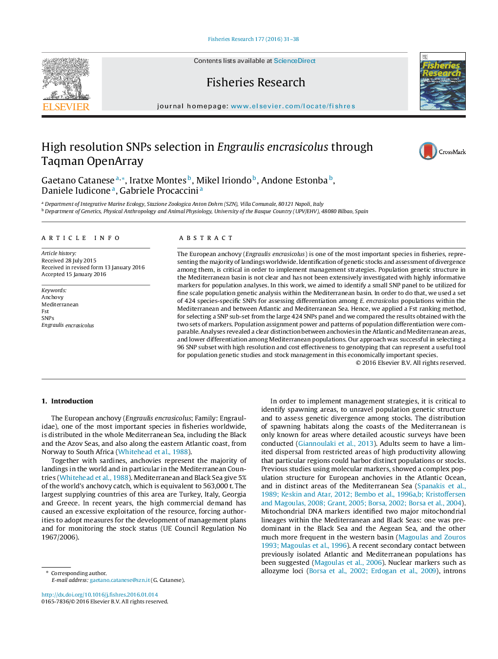 عکس صفحه اول مقاله: High resolution SNPs selection in Engraulis encrasicolus through Taqman OpenArray High resolution SNPs selection in Engraulis encrasicolus through Taqman OpenArray