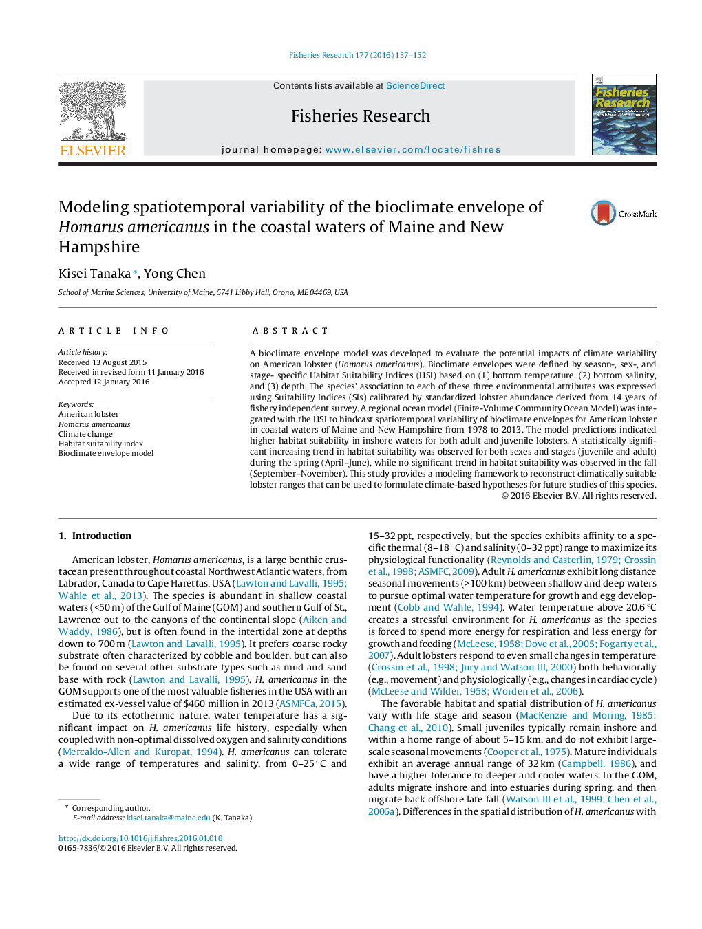 Modeling spatiotemporal variability of the bioclimate envelope of Homarus americanus in the coastal waters of Maine and New Hampshire