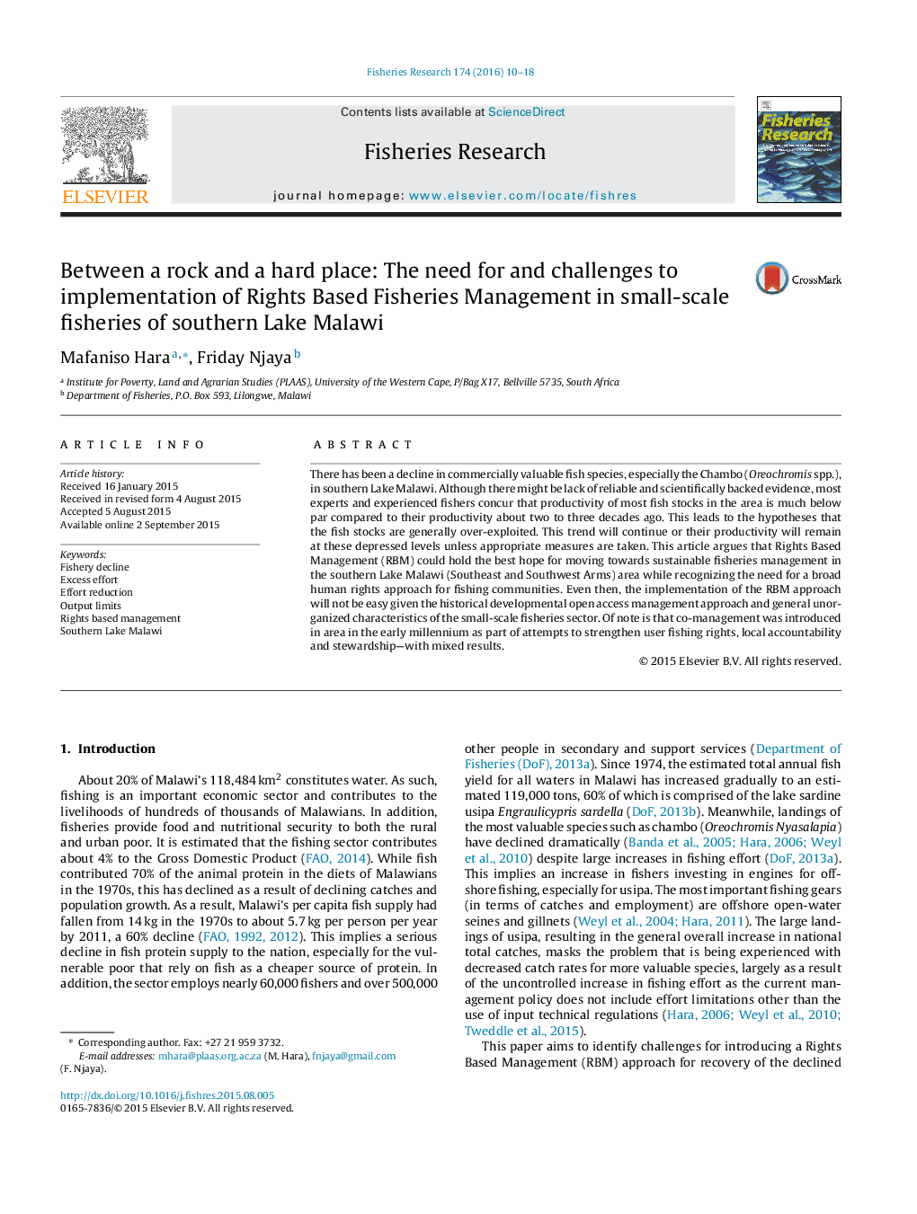 Between a rock and a hard place: The need for and challenges to implementation of Rights Based Fisheries Management in small-scale fisheries of southern Lake Malawi