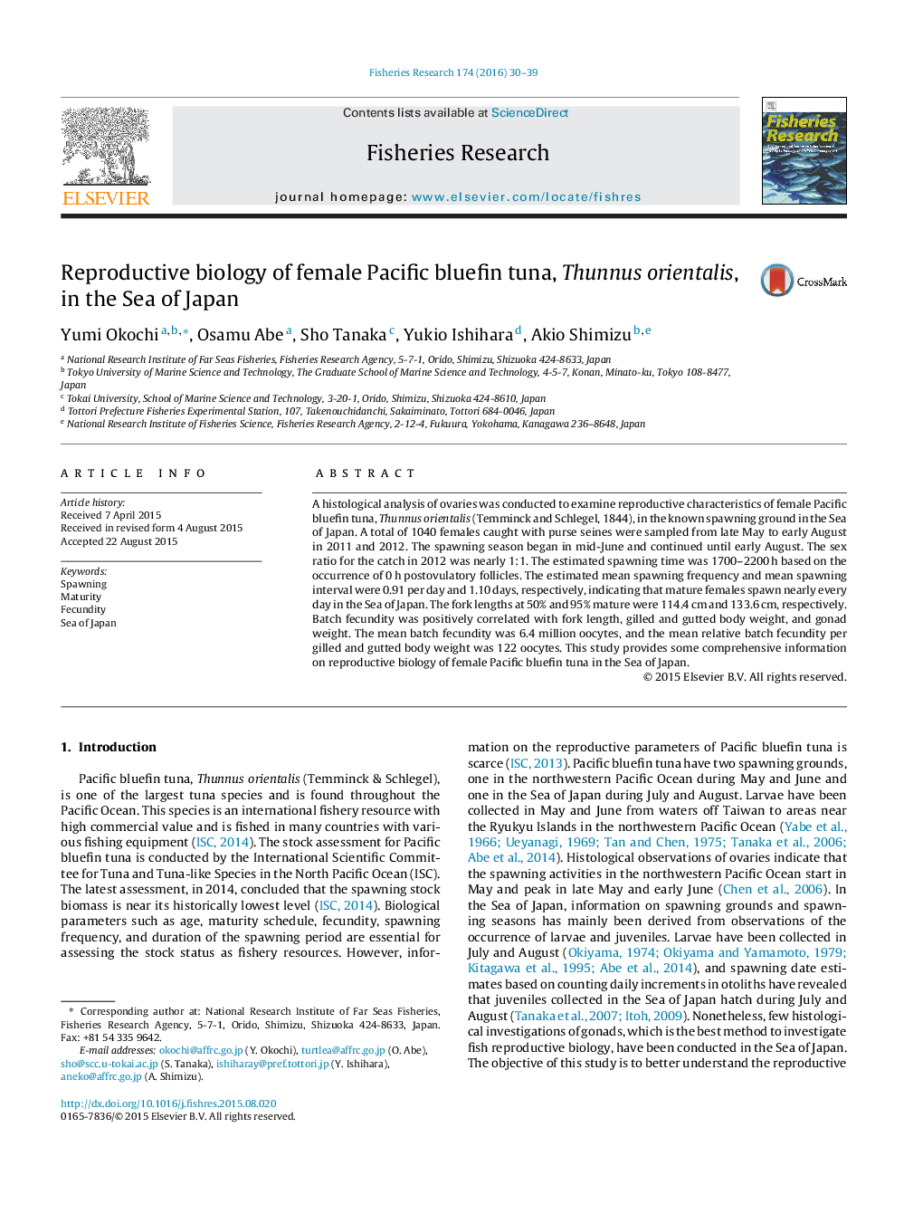 Reproductive biology of female Pacific bluefin tuna, Thunnus orientalis, in the Sea of Japan