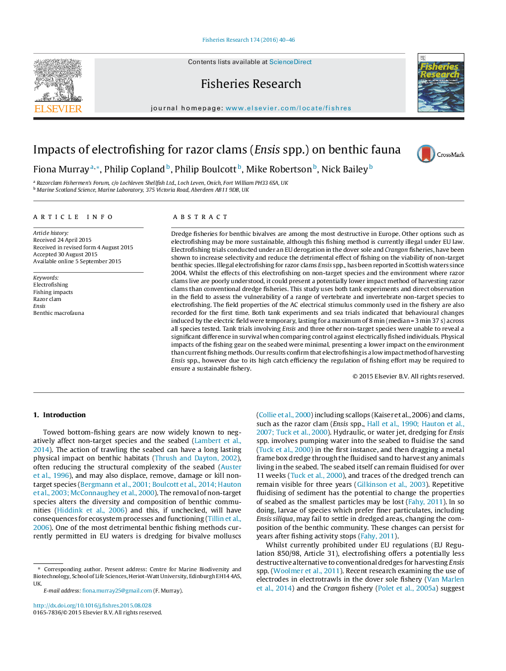 Impacts of electrofishing for razor clams (Ensis spp.) on benthic fauna