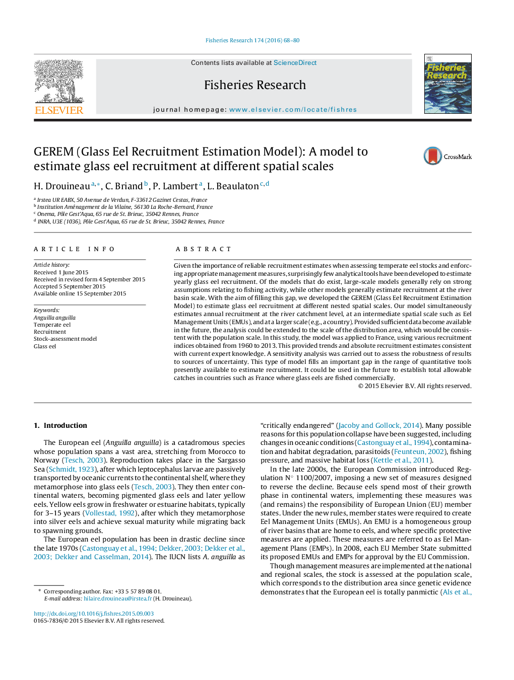 GEREM (Glass Eel Recruitment Estimation Model): A model to estimate glass eel recruitment at different spatial scales