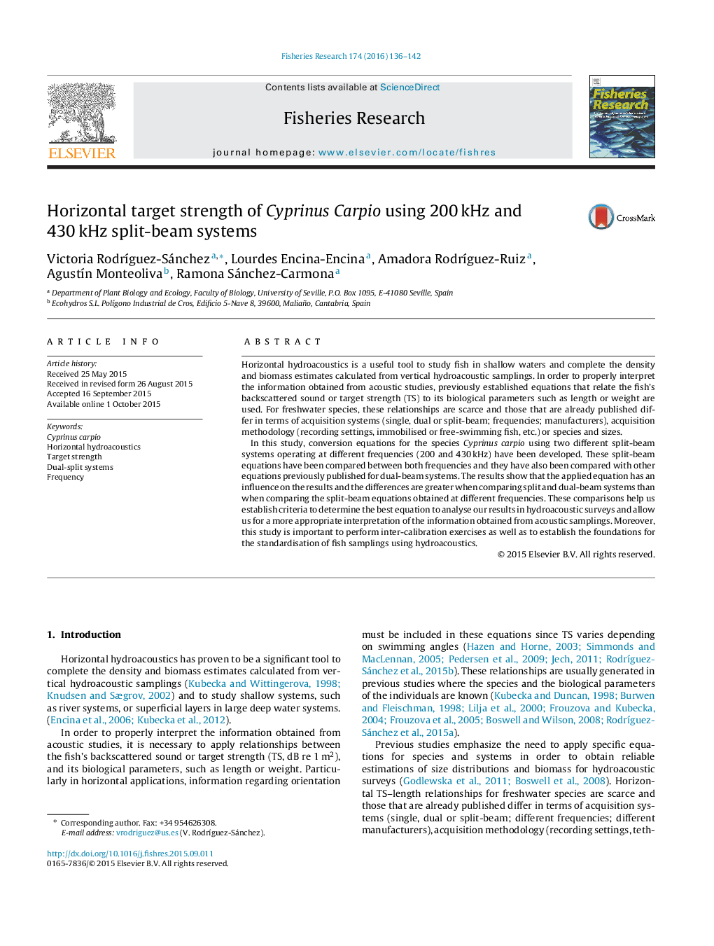 Horizontal target strength of Cyprinus Carpio using 200Â kHz and 430Â kHz split-beam systems