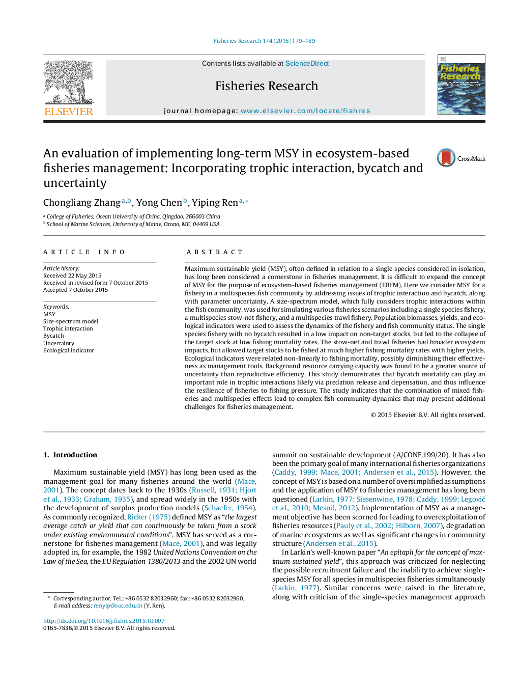 An evaluation of implementing long-term MSY in ecosystem-based fisheries management: Incorporating trophic interaction, bycatch and uncertainty