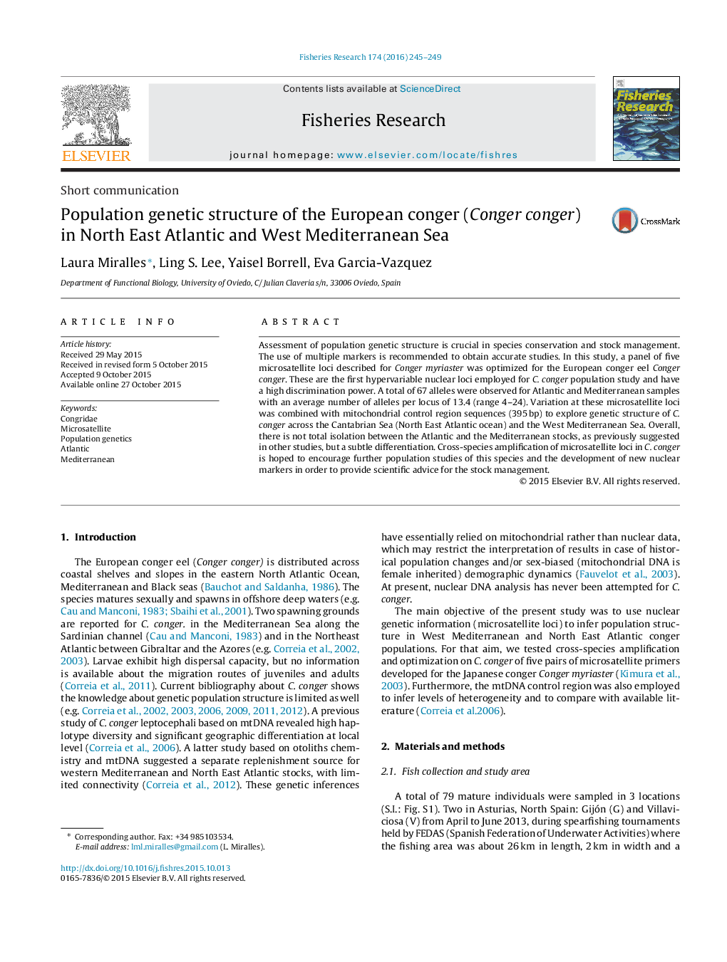 Short communicationPopulation genetic structure of the European conger (Conger conger) in North East Atlantic and West Mediterranean Sea