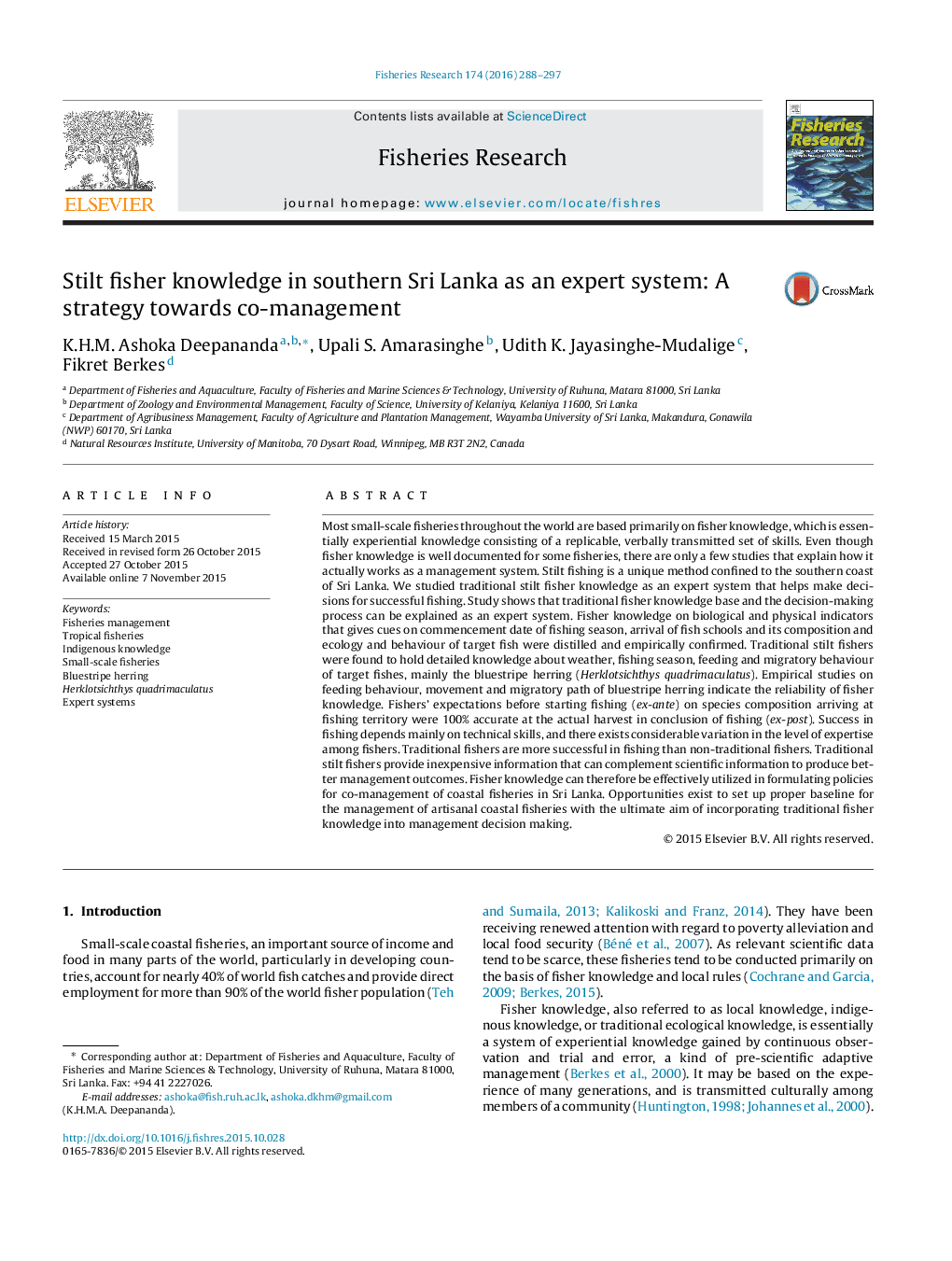 Stilt fisher knowledge in southern Sri Lanka as an expert system: A strategy towards co-management