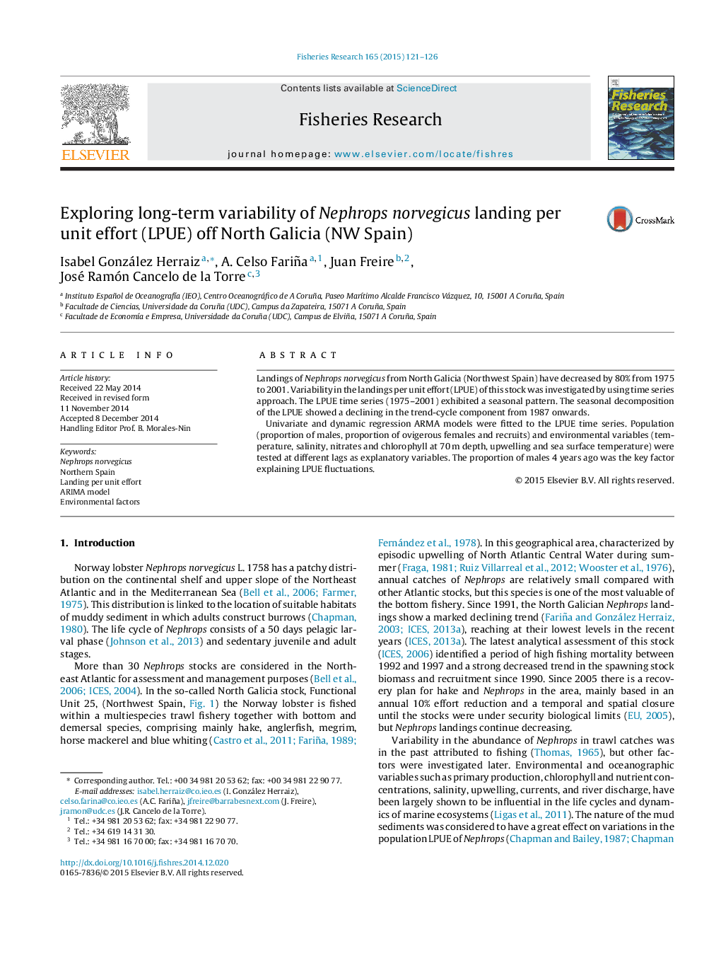 Exploring long-term variability of Nephrops norvegicus landing per unit effort (LPUE) off North Galicia (NW Spain)