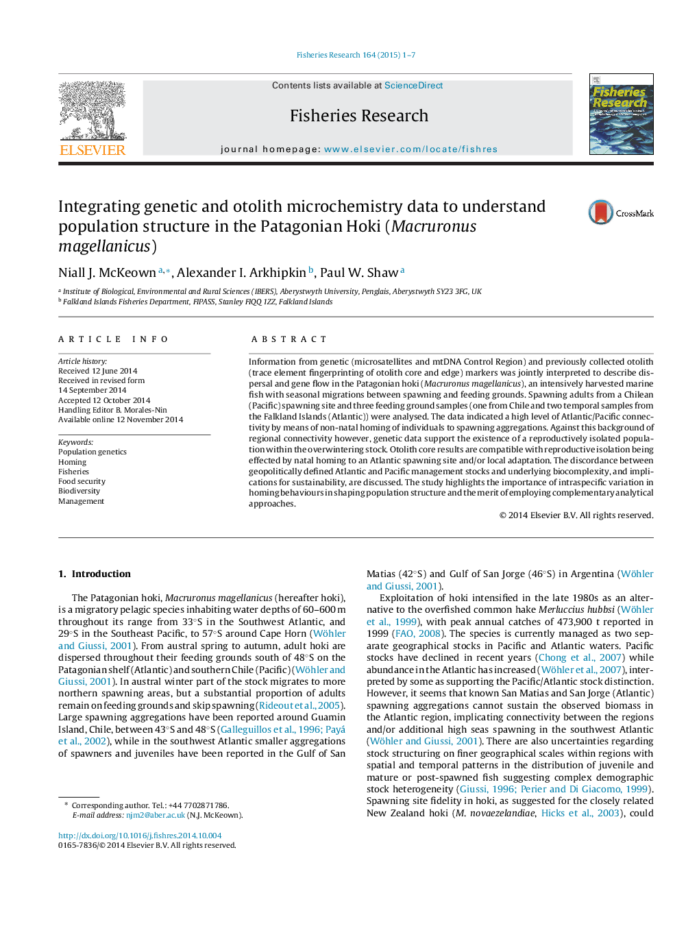 Integrating genetic and otolith microchemistry data to understand population structure in the Patagonian Hoki (Macruronus magellanicus)