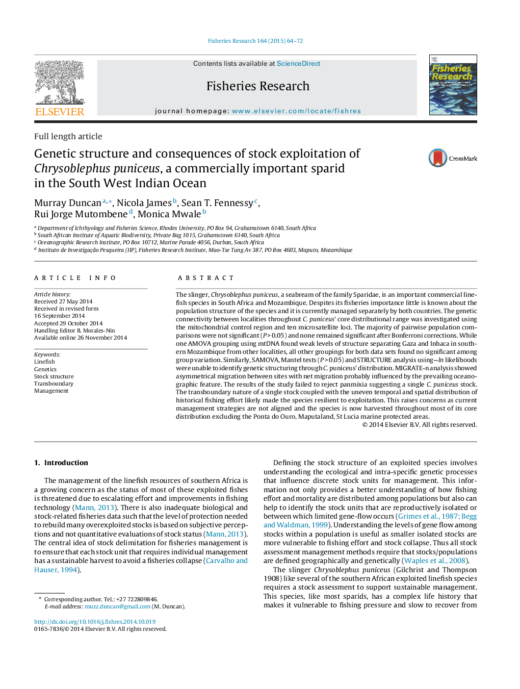 Full length articleGenetic structure and consequences of stock exploitation of Chrysoblephus puniceus, a commercially important sparid in the South West Indian Ocean