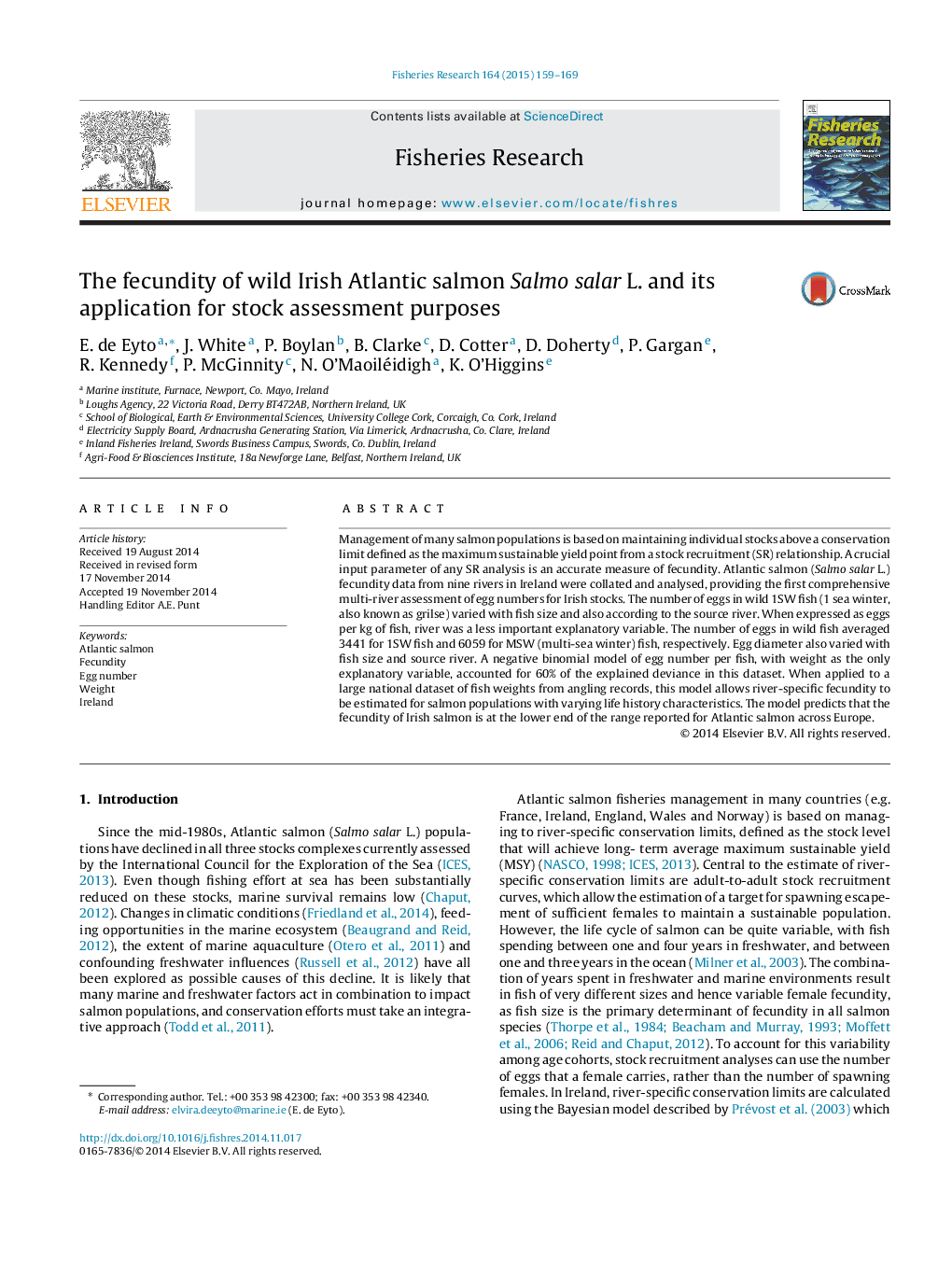 The fecundity of wild Irish Atlantic salmon Salmo salar L. and its application for stock assessment purposes