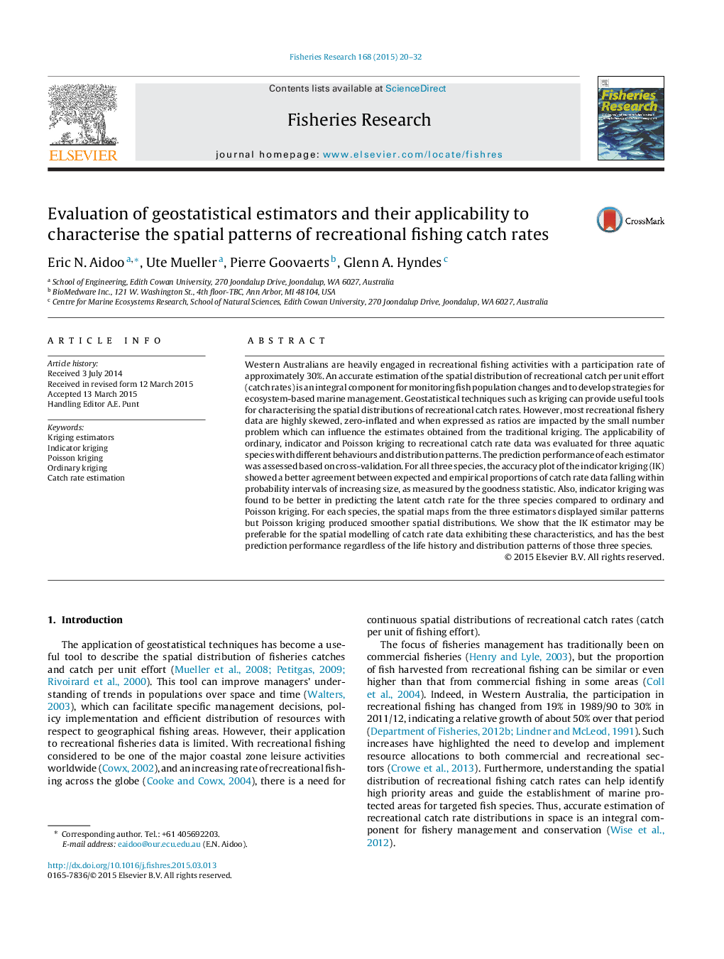 Evaluation of geostatistical estimators and their applicability to characterise the spatial patterns of recreational fishing catch rates