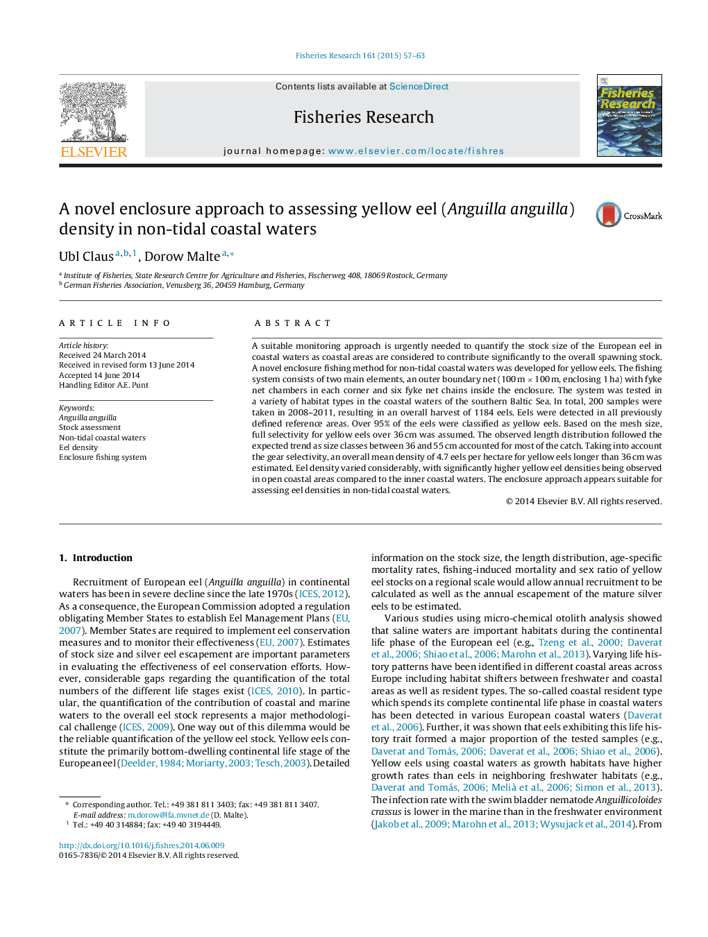 A novel enclosure approach to assessing yellow eel (Anguilla anguilla) density in non-tidal coastal waters